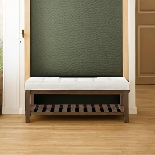 24KF Large Rectangular Upholstered Tufted Linen Ottoman Bench, Padded Bench with Solid Wood Shelf-Ivory