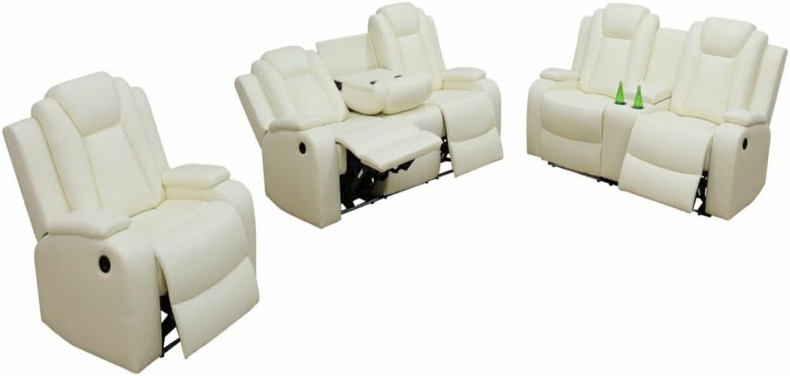 Electric Power Recliner Chair/Loveseat/Sofa Living Room, Comfy Home Theater Breathing Leather Seating with USB 2.0 Charging Ports, LED Light Strips, Fold-Down Table & Cupholders (White, 3-Piece)