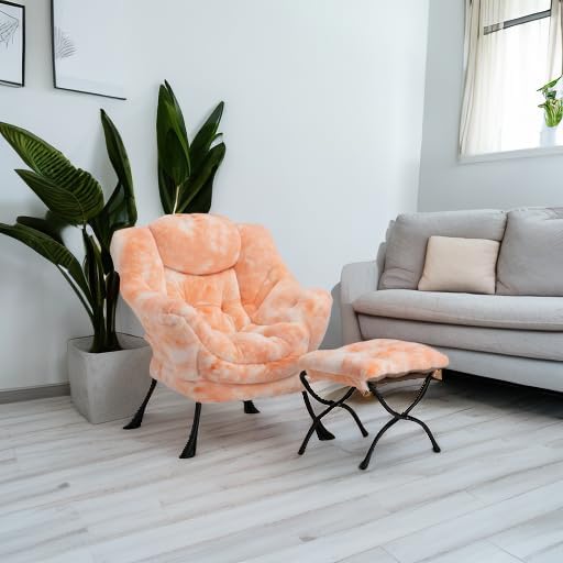 HollyHOME Faux-Fur Lazy Chair with Foldable Ottoman, Accent Comfy Lounge Arm Chair and Folding Footrest Stool Set, Leisure Sofa Reading Chair and Footstool for Living Room, Bedroom, Orange&White