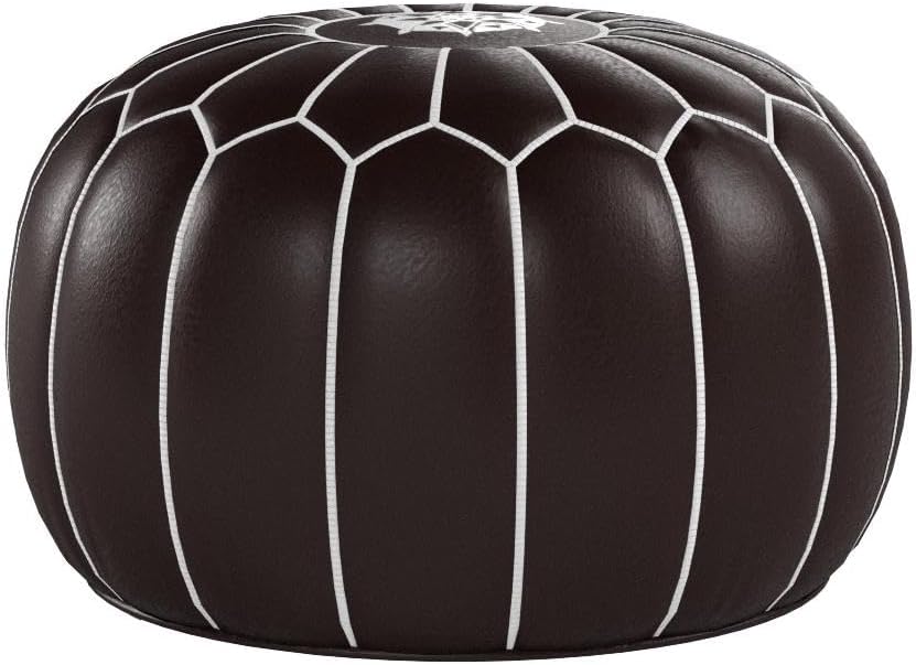 Stuffed Round Design Moroccan Leather Pouf Ottoman, Handmade, Pre-Filled, 100% Genuine Leather, 13” Height x 20” Diameter, Footstool & Living Room Décor (Chocolate)