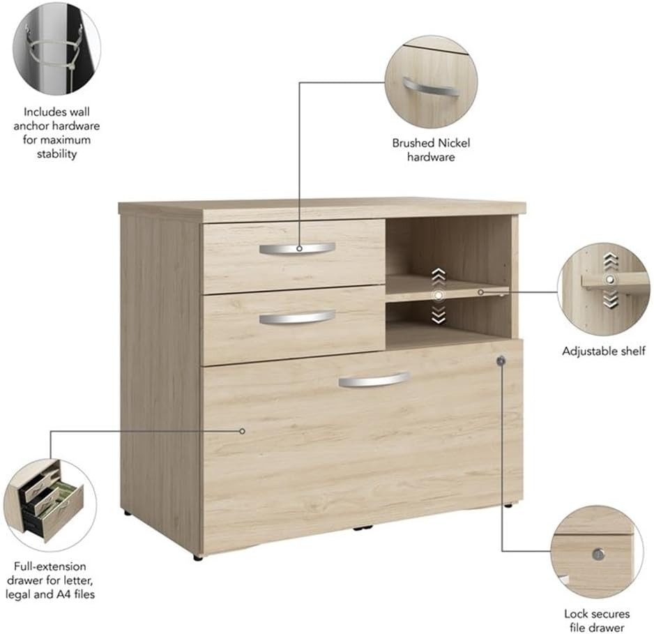 Bush Business Furniture Studio C Office Storage Cabinet with Drawers and Shelves in Natural Elm, Organization for Home or Professional Workspace