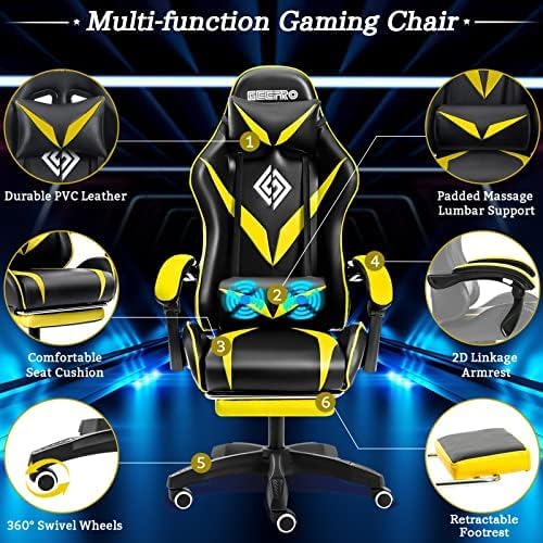 HOFFREE RGB Gaming Chair with Speakers and Massage Ergonomic Computer Chair with Lights and Footrest Reclining Video Game Chairs for Adults Yellow and Black