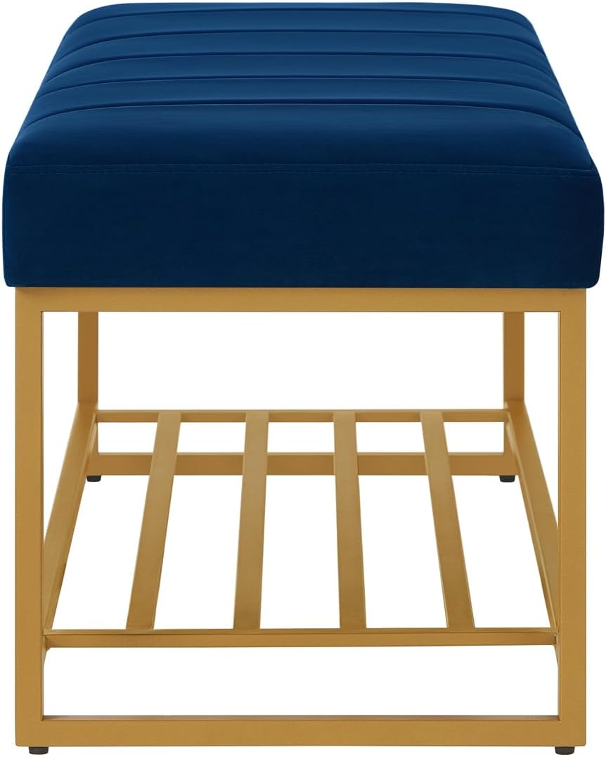 24KF Navy Velvet Upholstered End of Bed Bench with Metal Shelf, Modern Tufted Channel Entryway Bench Footboard Bench for Living Room, Bedroom, Gold Bench,5036-Navy