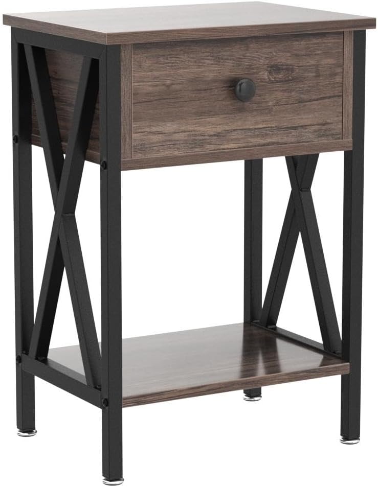 VECELO Nightstands Set of 2, Modern Bedside End Tables, Night Stands with Drawer and Storage Shelf for Living Room Bedroom, Industrial Metal Frame
