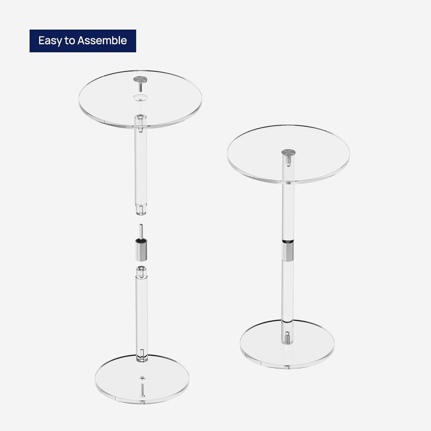 HMYHUM Acrylic Drink Table for Small Spaces, 11.8" L x 11.8" W x 21.3" H, Clear Pedestal Side Table for Living Room, Round, Easy Assembly