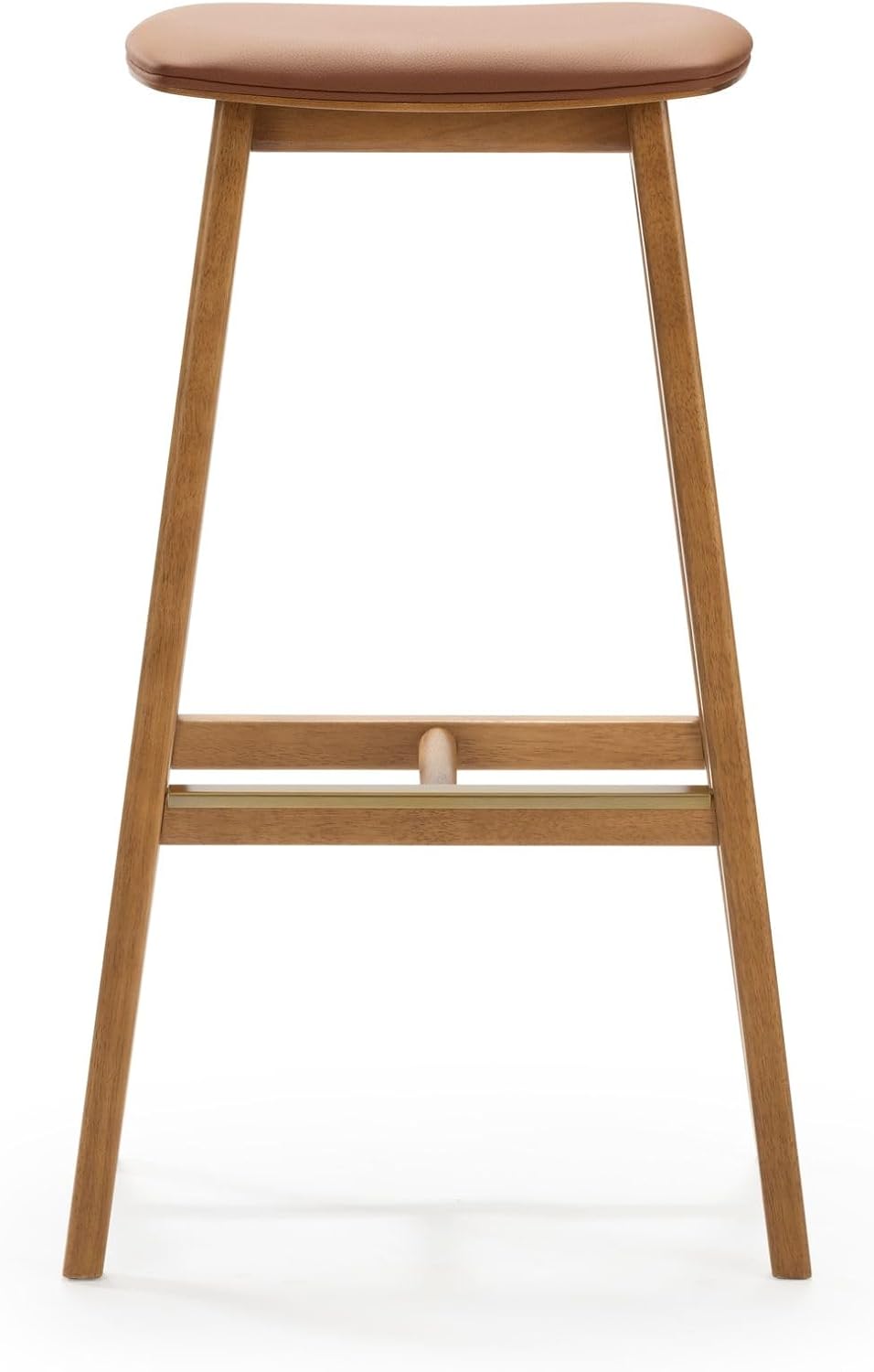 Plank+Beam Beryl Bar Height Stool - Mid-Century Modern Rubberwood Bar Stool with Faux Leather Seat, Metal Footrest, Easy Assembly, Pecan/Toffee