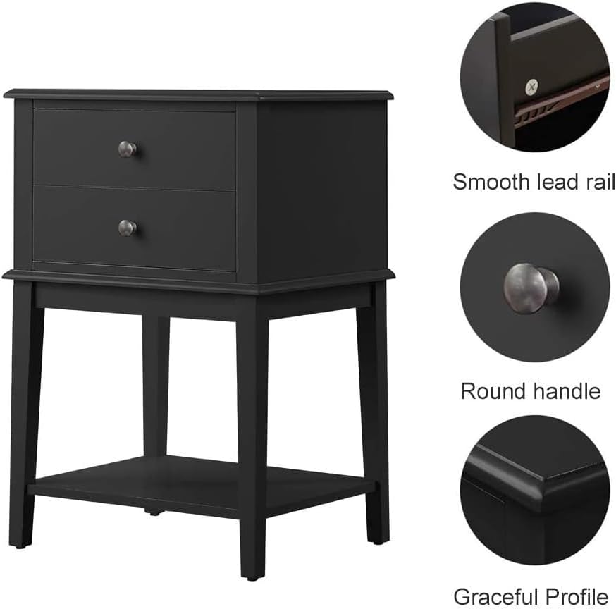 conifferism Black Nightstand End Table with Drawers and Storage Shelf,Tall Bedside Tables for Bedroom