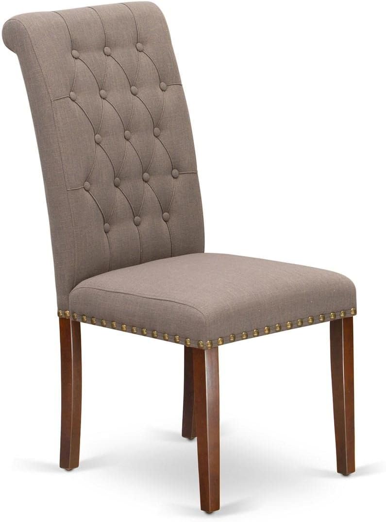 East West Furniture BRP3T18 Bremond Parson Kitchen Chairs - Button Tufted Nailhead Trim Brown Linen Linen Fabric Padded Dining Chairs, Set of 2, Mahogany