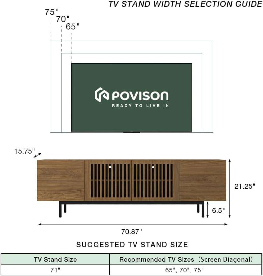 POVISON Full Assembled Mid-Century Modern TV Stand with Slatted Doors, Wood Media Console for 65-75 Inch TV, TV Console with Tall-cast Metal Legs, Entertainment Center with Storage for Living Room