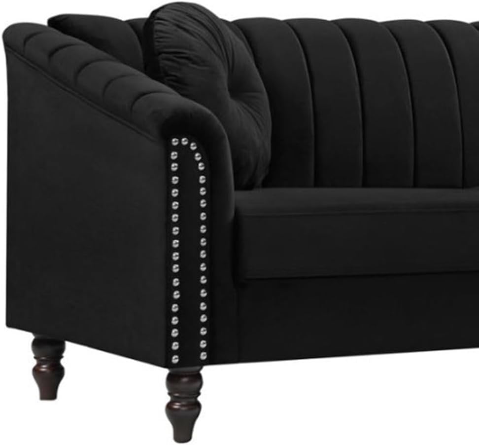 Sectional Sofa Set, Microfiber Chesterfield Upholstered Sofas Loveseat Couch Chair Sets with Style Button Tufted, Scroll Arms and Nailhead for Living Room, Office, Apartment-Black,S