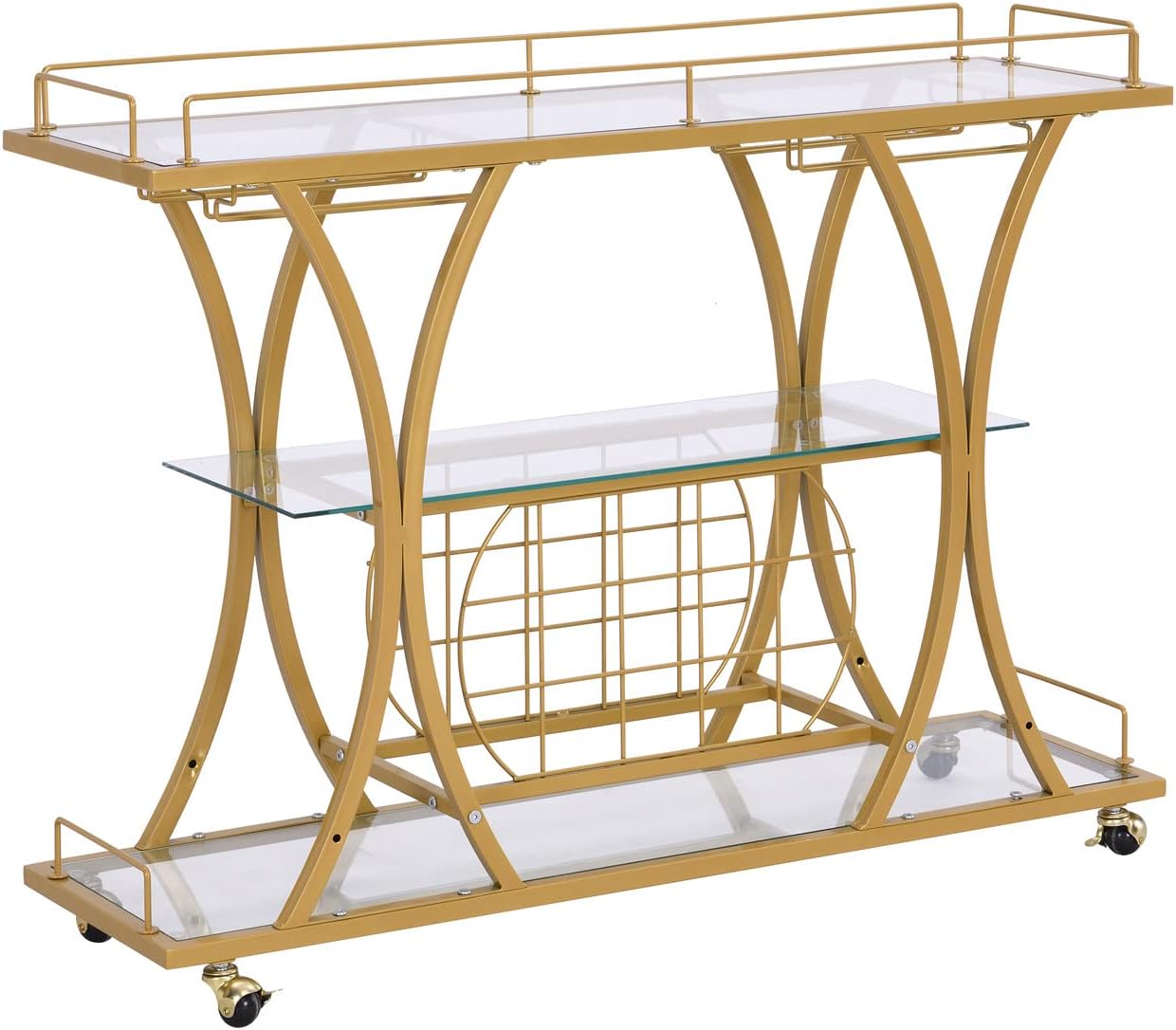 Gold Bar Carts with Glass Holders & Wine Rack,3 Tier Home Bar Serving Carts with Glass Shelves,Metal Rolling Bar Carts for The Home Kitchen, Party