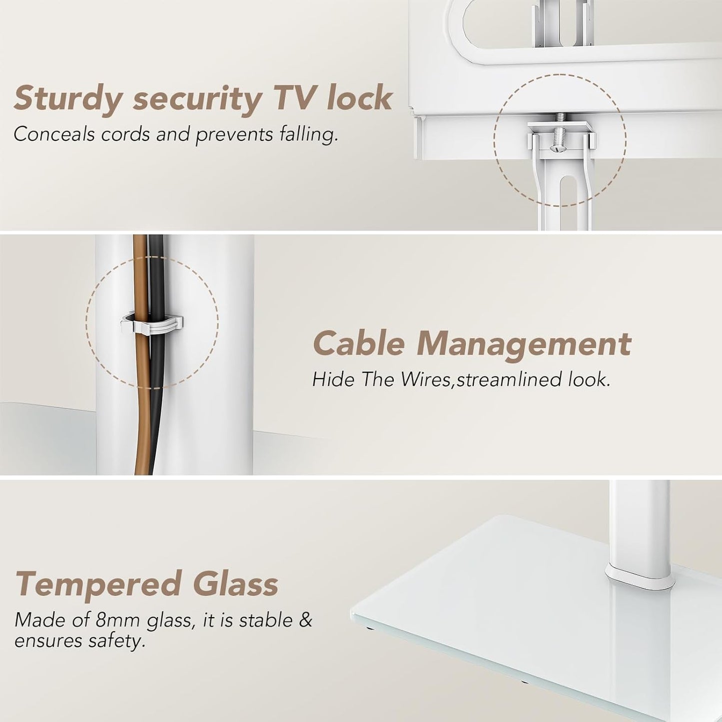 AX WABER Universal Floor TV Stand with Mount 70 Degree Swivel 9 Level Height Adjustable and Space Saving Design for Most 27 to 65 inch LCD, LED OLED TVs White