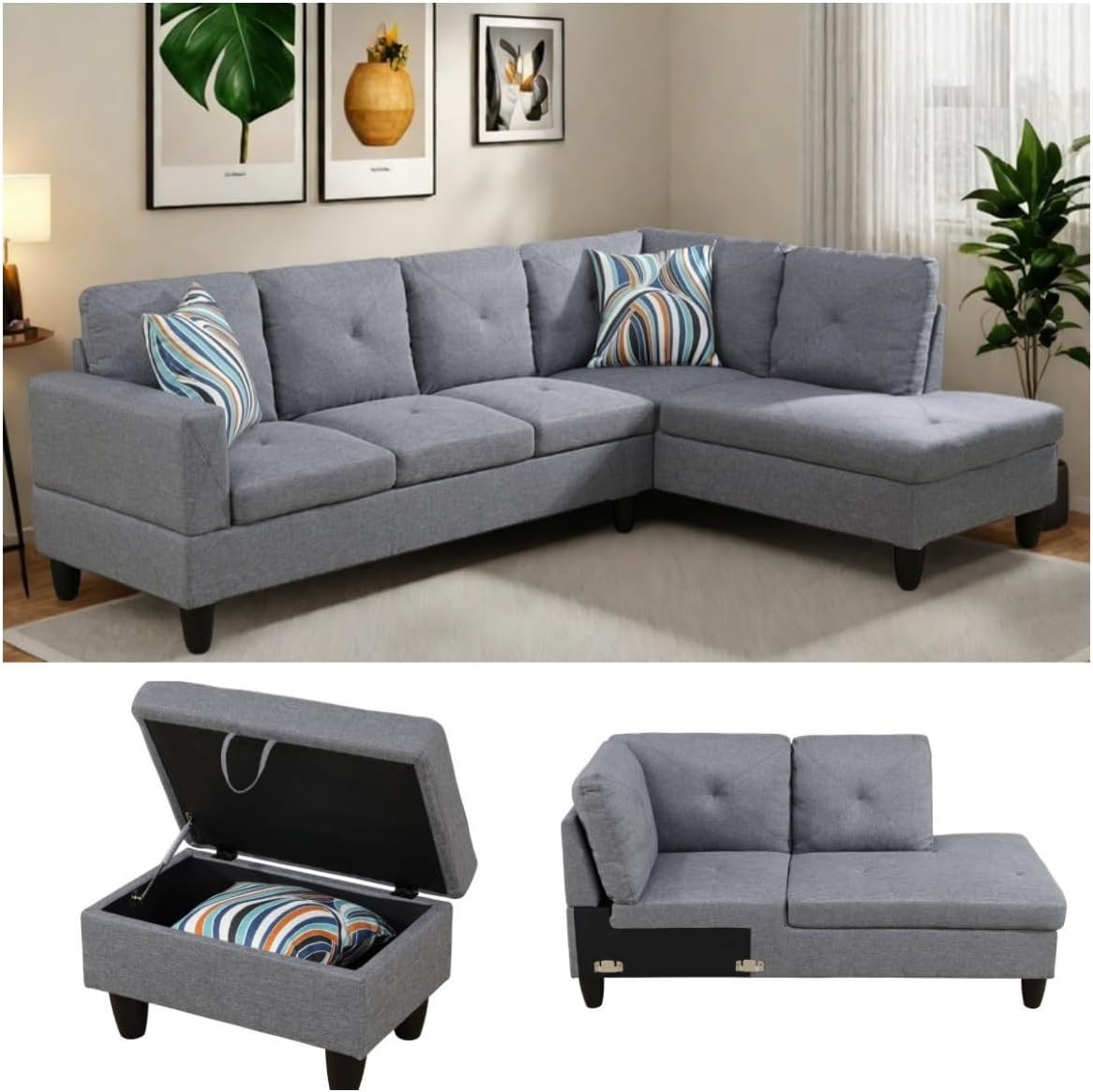 NAYSAYE L Shaped Couch, Modular Sectional Couch with Ottoman Storage, Modern Lounge Sofa Convertible Sectional Couches for Living Room, Apartment, Grey
