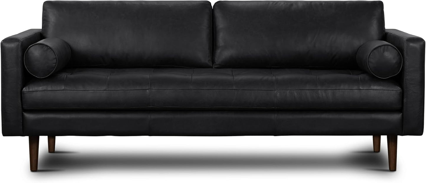 Poly & Bark Napa Leather Couch - 88.5-Inch Office Sofa with 2 Bolsters - Full-Grain Leather Sofa for Living Room with Feather-Down Topper - Living Room Couch - Vintage Italian Leather in Onyx Black