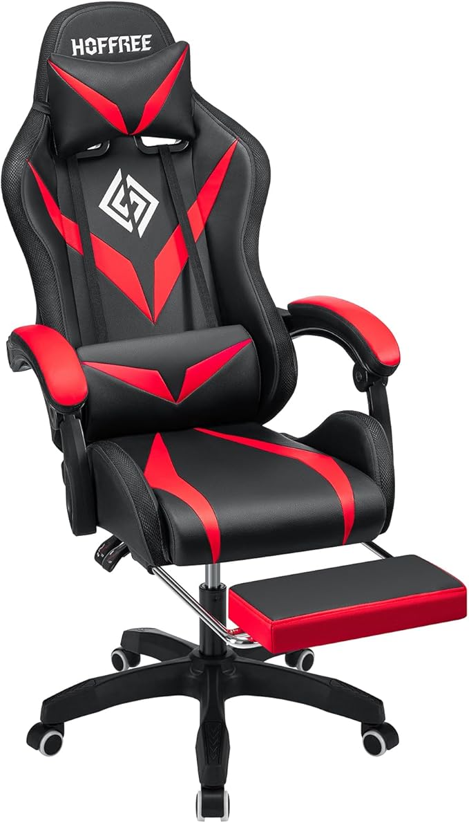 HOFFREE RGB Gaming Chair with Speakers and Massage Ergonomic Computer Chair with Lights and Footrest Reclining Video Game Chairs for Adults Red and Black