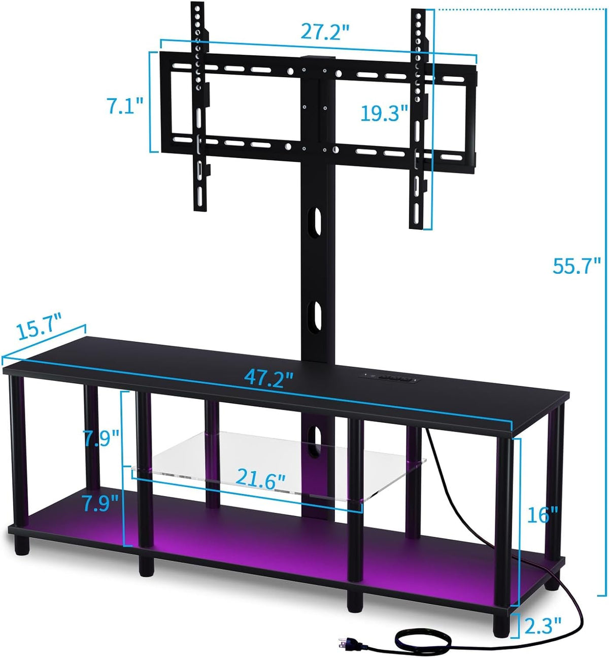TV Stand with Mount and Led Light,Black TV Stand with Power Outlets for 32/40/43/50/55/60/65/70 Inch TV,Entertainment Center with Open Storage Shelf for Bedroom/Living Room/Office