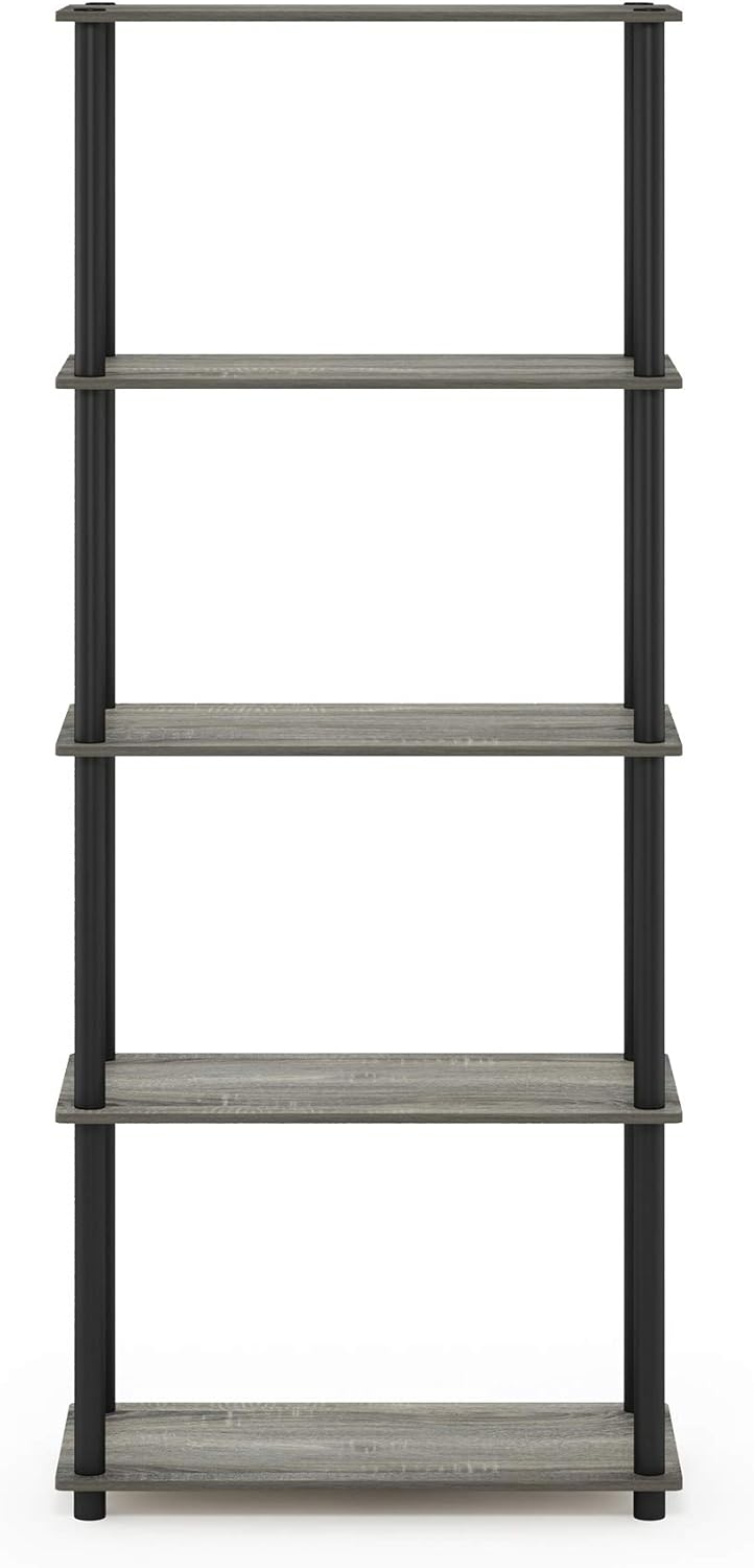 Furinno Turn-N-Tube 5-Tier Multipurpose Shelf / Display Rack / Storage Shelf / Bookshelf, Round Tubes, French Oak Grey/Black
