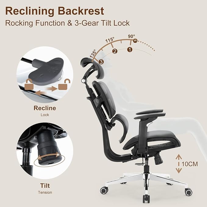 Ergonomic Office Chair High Back Executive Mesh Chairs with Adjustable Lumbar Support,Backrest,Headrest Comfy Big and Tall Computer Desk Chair with 3D Armrests for Work Gaming