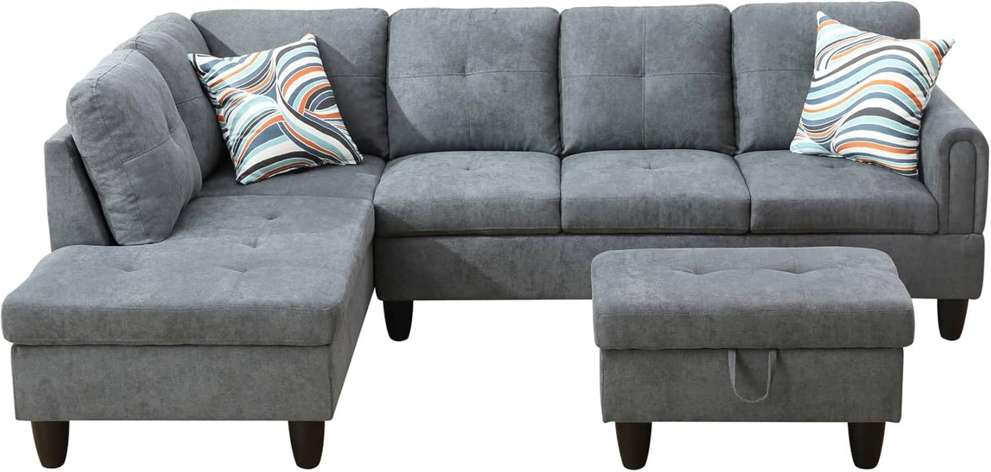 L Shaped Sectional Couch with Otttoman, 97" Sectional Sofa for Living Room Flannel Modular Couches with Cup Holders for Bedroom, Apartments, Grey