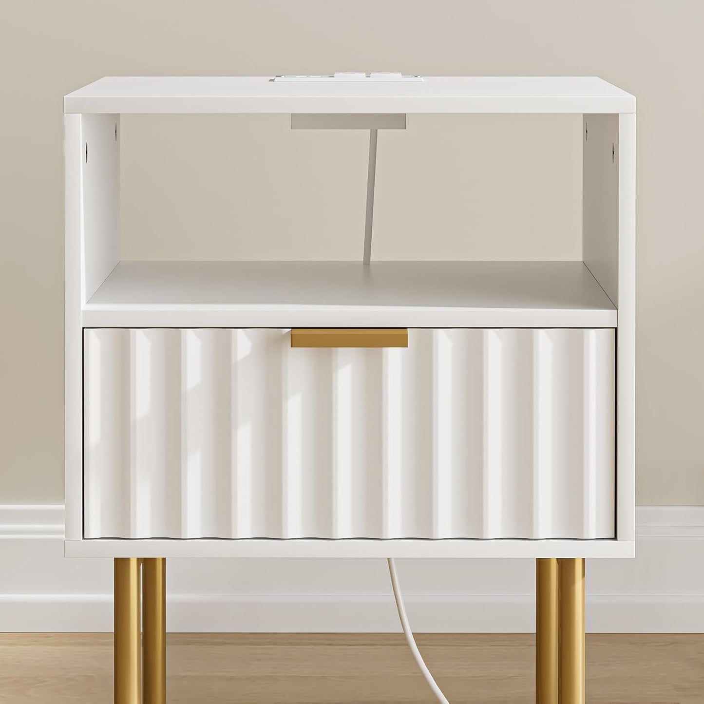 Masupu Nightstand with Charging Station,Mid-Century Modern Bedside Table with Storage Drawer and Open Wood Shelf,Small Gold Frame Side Table for Bedroom,Living Room (White Fluted)