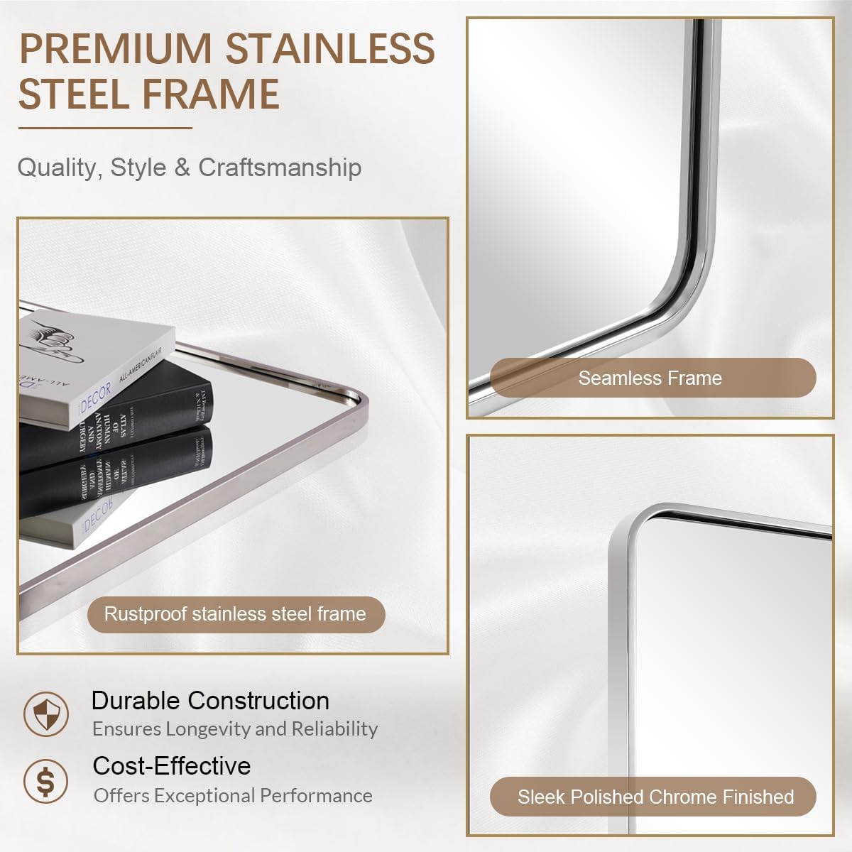 ANDY STAR 48x36 Inch Chrome Mirrors for Bathroom, Chrome Bathroom Vanity Mirror, Rounded Rectangle Mirror, Anti-Rust SUS304, Seamless Tube Metal Frame, 1’’ Deep Wall Mounted Vertically/Horizontal