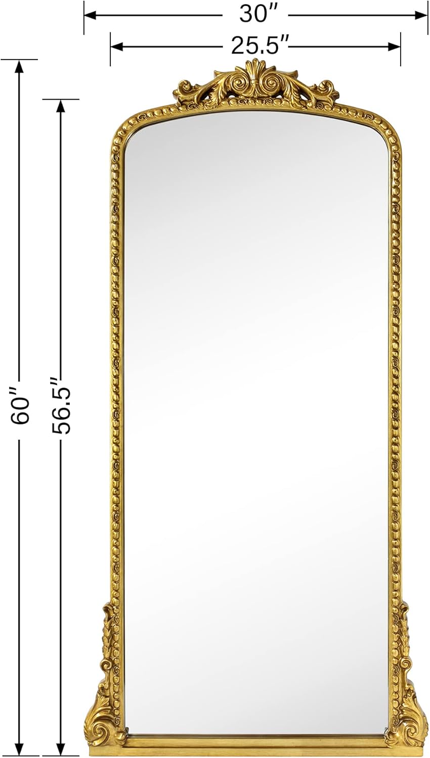 Traditional Ornate Floor Mirror Gold Arched Framed Full Length Wall Mirror Baroque Inspired Full Body Mirror, Antiqued Gold 30 x 60''