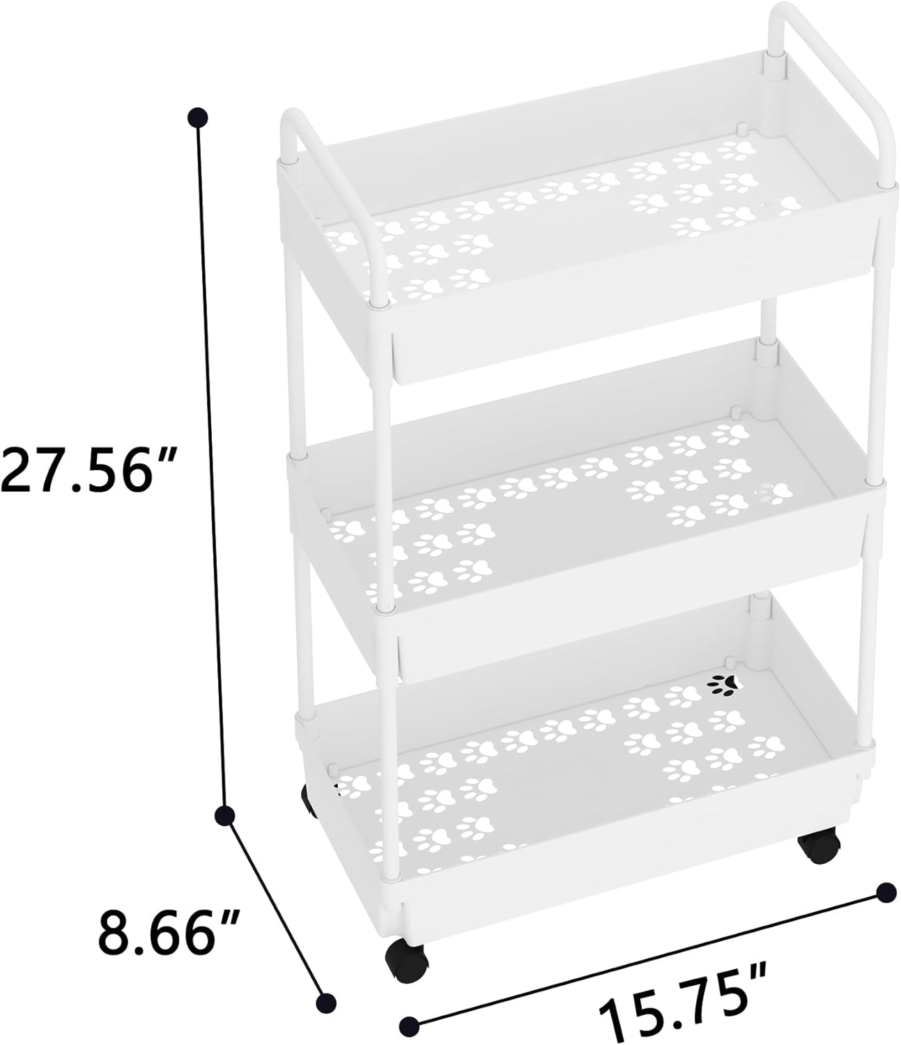 3-Tier Storage Cart,Shelf Organizer Mobile Shelving ,Utility Rolling Cart,Multifunction Movable Storage Organizer with Lockable Wheels,White
