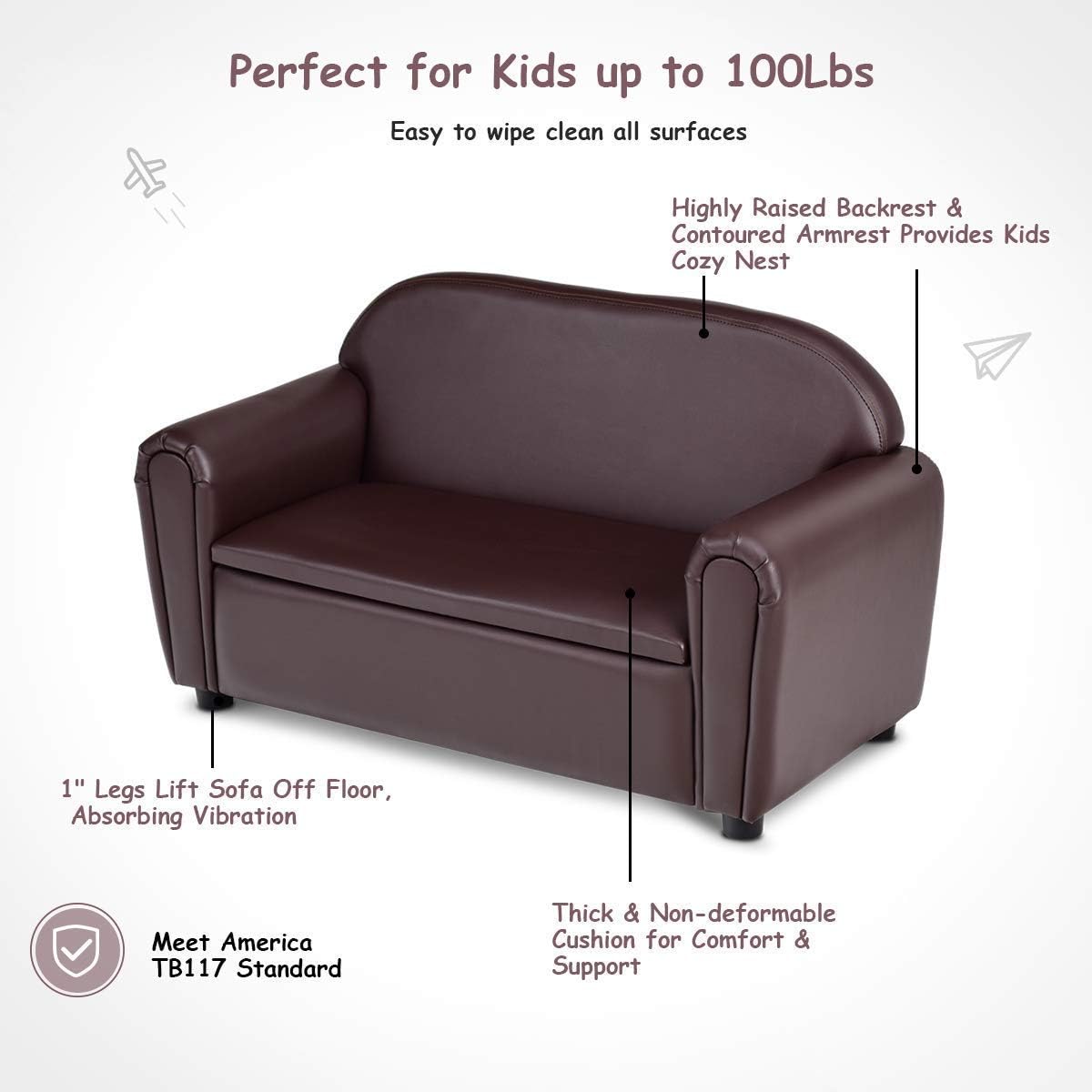 Costzon Kids Couch, 2 in 1 Double Seat Children's Sofa w/Under Seat Storage, PU Leather Surface, Toddler Armrest Chair, Kids Room, Soft Sofa with Storage for Preschool Baby Boys Girls Gifts