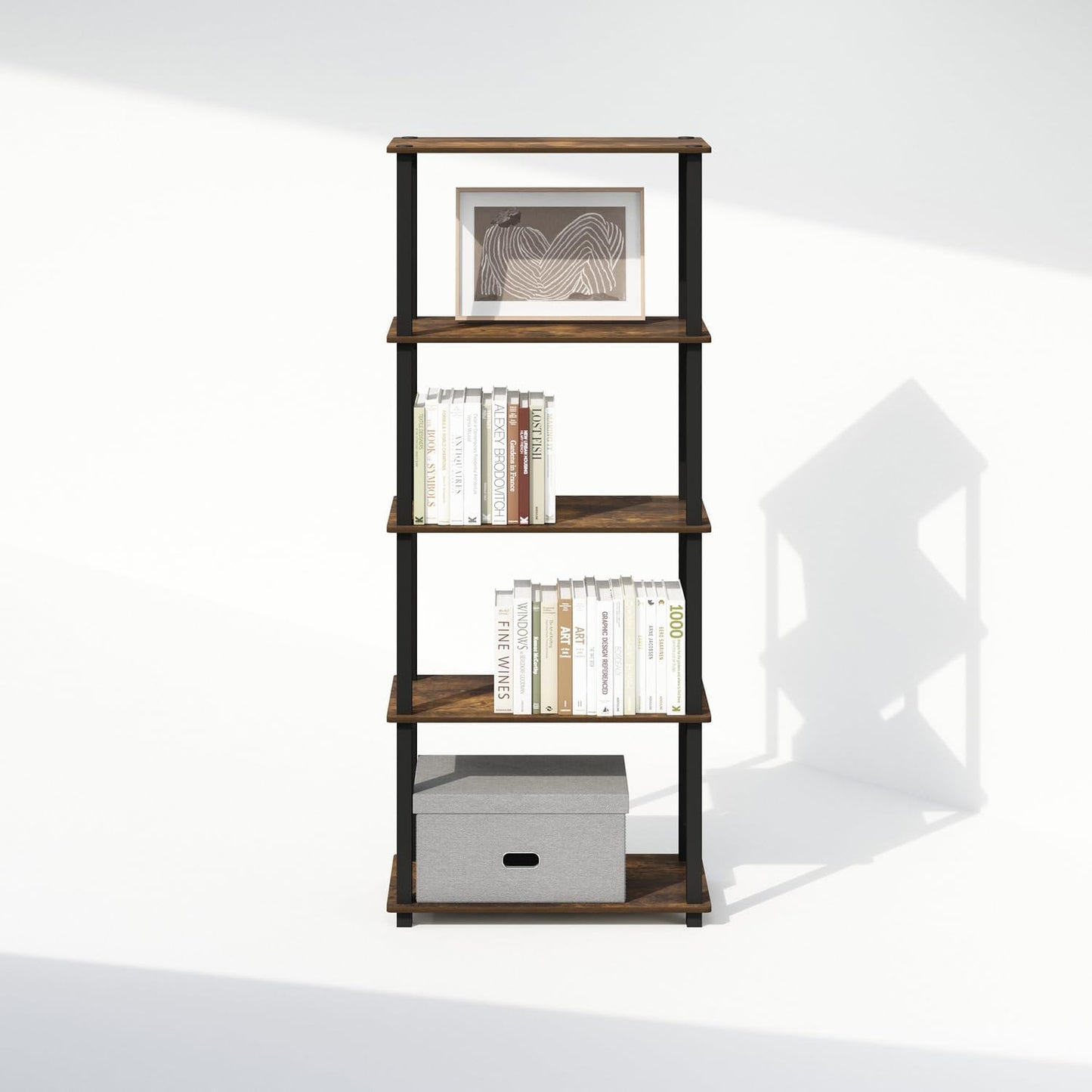 Furinno Turn-S-Tube 3-Tier Compact Multipurpose Shelf Display Rack with Square Tube, Amber Pine/Black, Set of 2