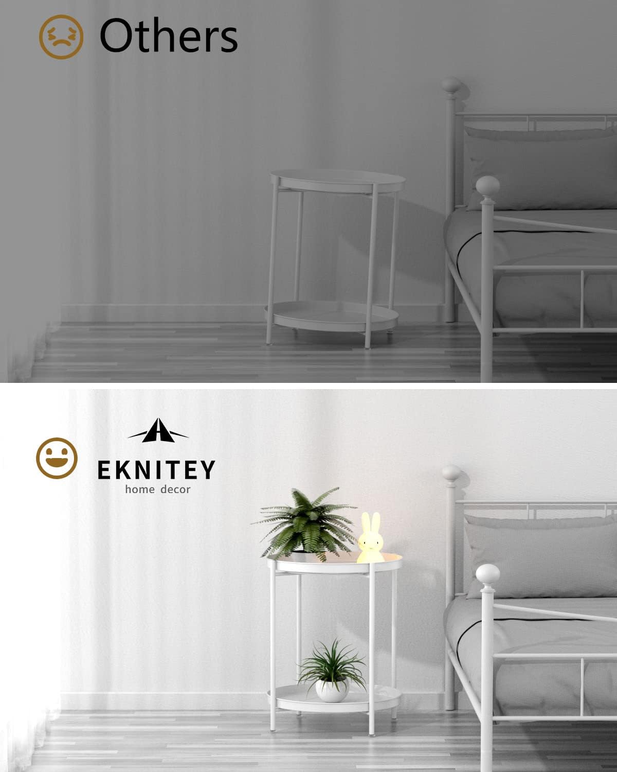 EKNITEY 2 Tier End Table - Metal Side Table Waterproof Small Sofa Coffee Side Tables Bedroom Indoor Outdoor with Removable Tray for Living Room Bedroom Balcony and Office (White)