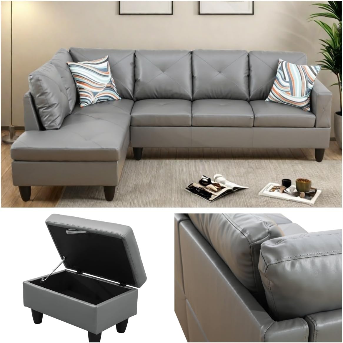 NAYSAYE L Shaped Couch, Leather Modular Sectional Couch with Ottoman Storage, Modern Lounge Sofa Convertible Sectional Couches for Living Room, Apartment, Dark Grey