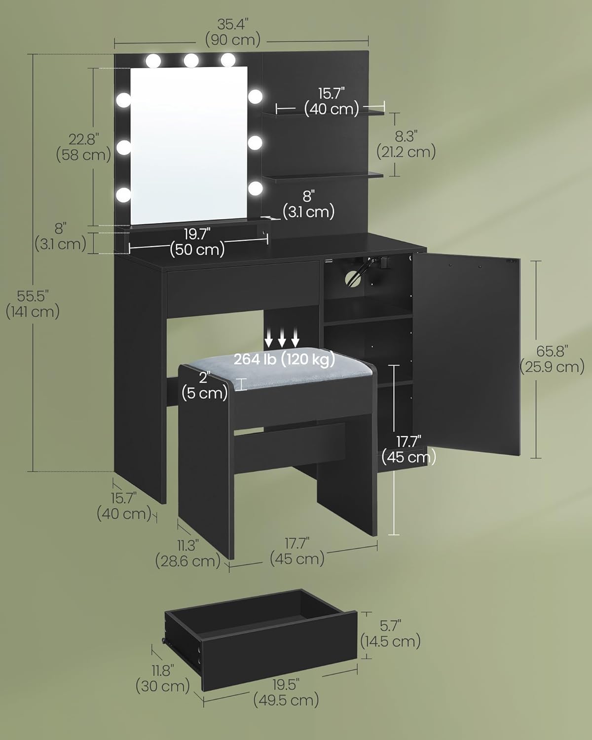 VASAGLE Vanity Desk with Mirror and Lights, 35.4-Inch Wide Makeup Vanity with Upholstered Vanity Stool, Power Outlets, Dimmable LED Lights, Storage Drawer, for Bedroom, Ink Black URDT128B01