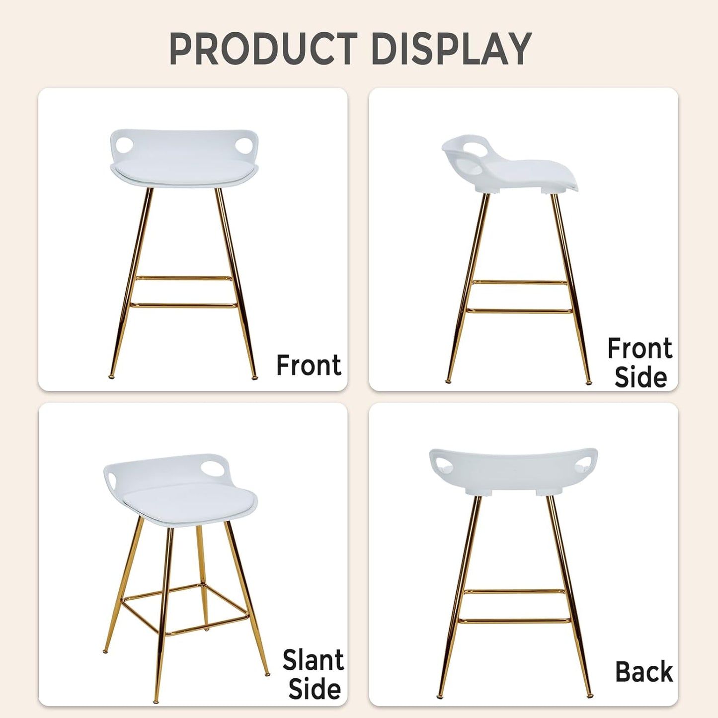 Sidanli Bar Stools Set of 2, Gold Bar Stools, Counter Height Stools with Leather Padded Seats and Footrests, 26 Inch White Barstools for Kitchen Island, Farmhouse or Home Bar