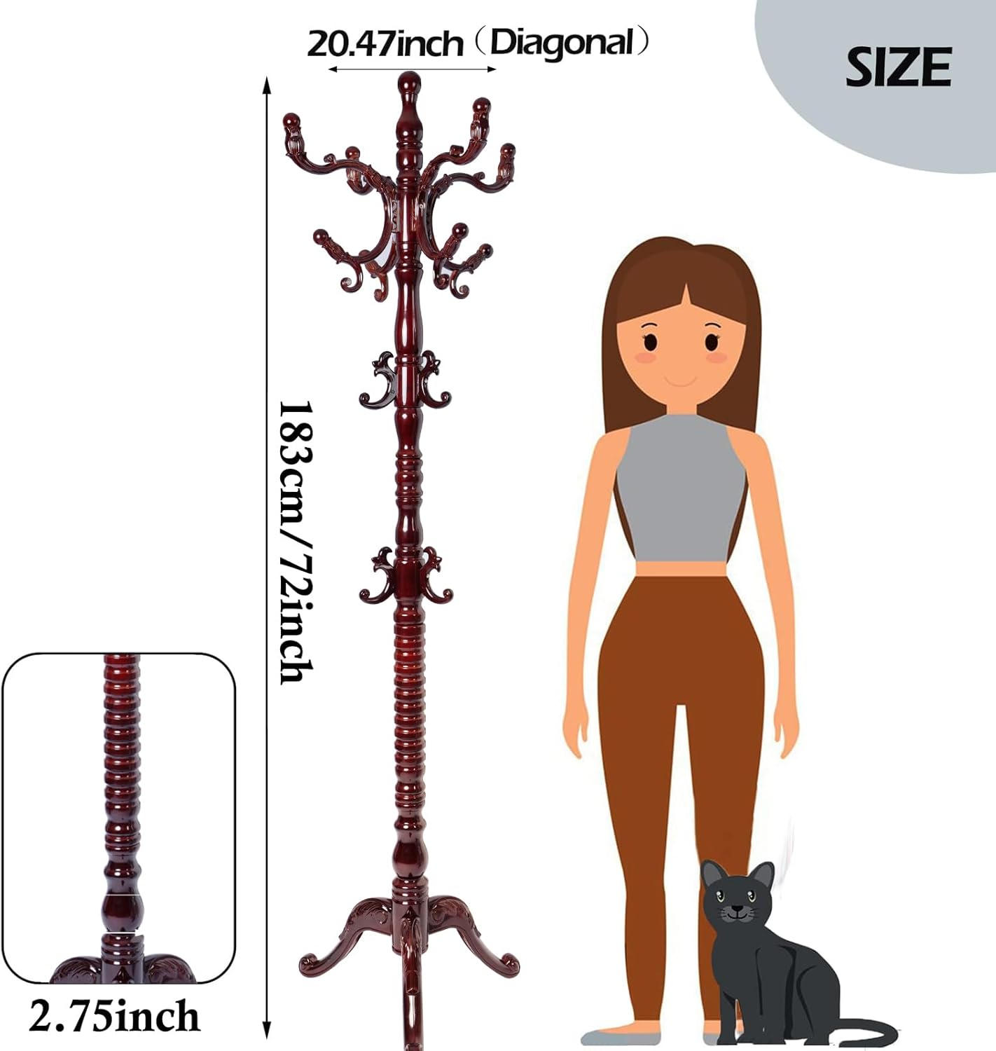 Coat Racks Free Standing with 14 Hooks, Natural Wood Coat Stands for Entryway, Adjustable Height 73 in Tree Coat Rack Stand for Hallway Home Office Bedroom (Mahogany triangle)