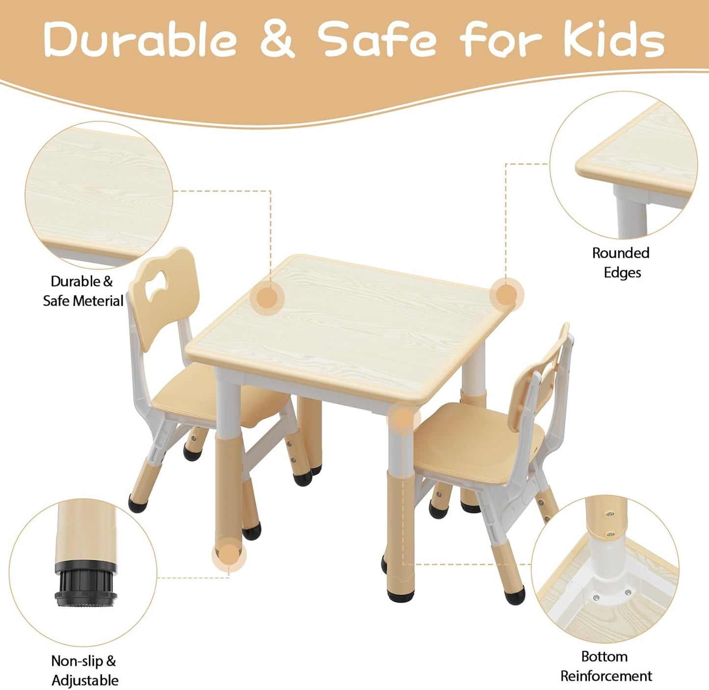 GarveeHome Kids Table and 2 Chairs Set, Height Adjustable Toddler Table and Chair Set for 2, Graffiti Desktop, Non-Slip Design, Children Table for Home Daycare Preschool for Ages 2-8, Beige