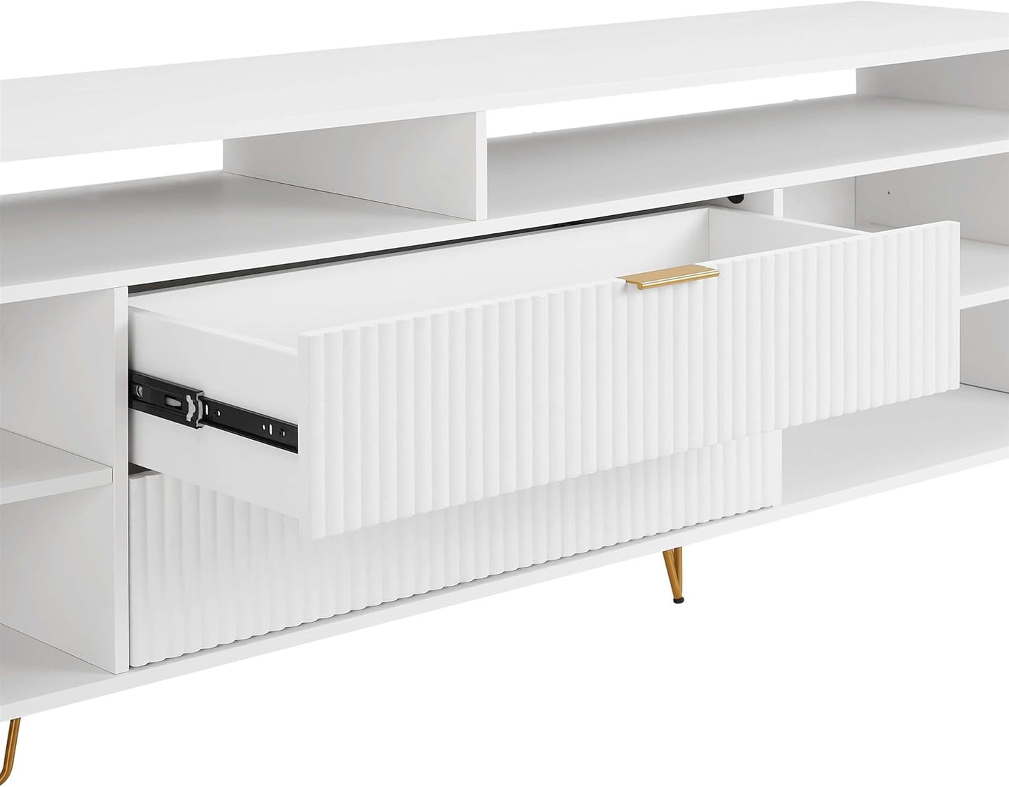 Manhattan Comfort Dumbo Mid Century Modern TV Stand for Televisions up to 80 Inches, Home Entertainment Center with Storage, 6 Shelves, 2 Drawers, No Tool Assembly, 85" Wide, White