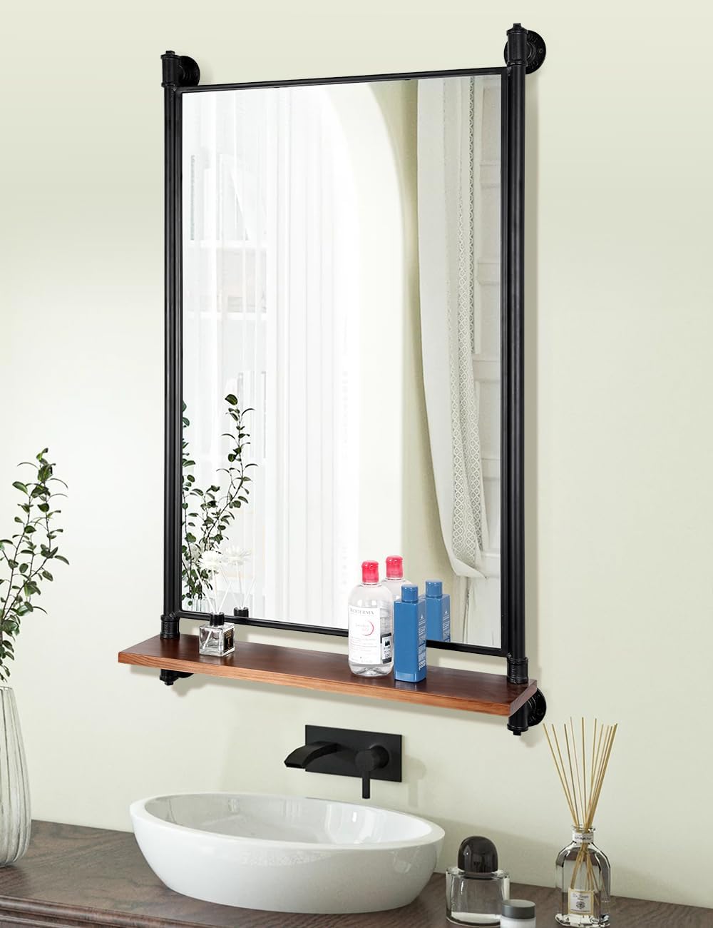 Industrial Pipe Mirror Wood Shelves,Bedroom Mirror with Shelf,Rectangle Iron Wall Mirrors for Living Room Bedroom(34.6 x 23.6 in)