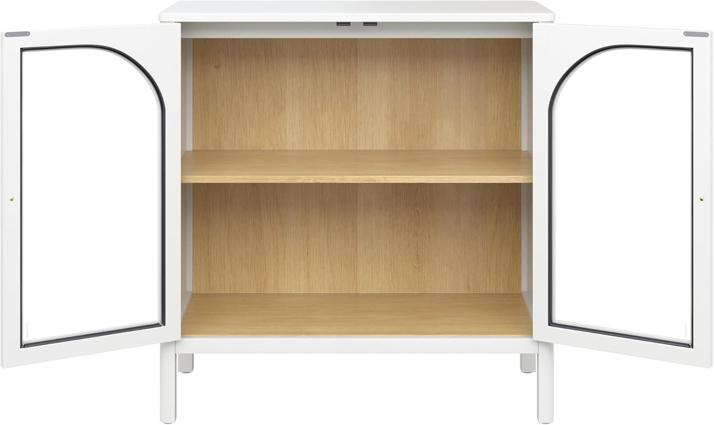 Nathan James Mason Wood Storage Cabinet Accent Sideboard Buffet Credenza TV Stand with Glass Doors and Adjustable Shelf for Dining Room, Entryway or Living Room, Clear Glass/White/Light Oak, Set of 3