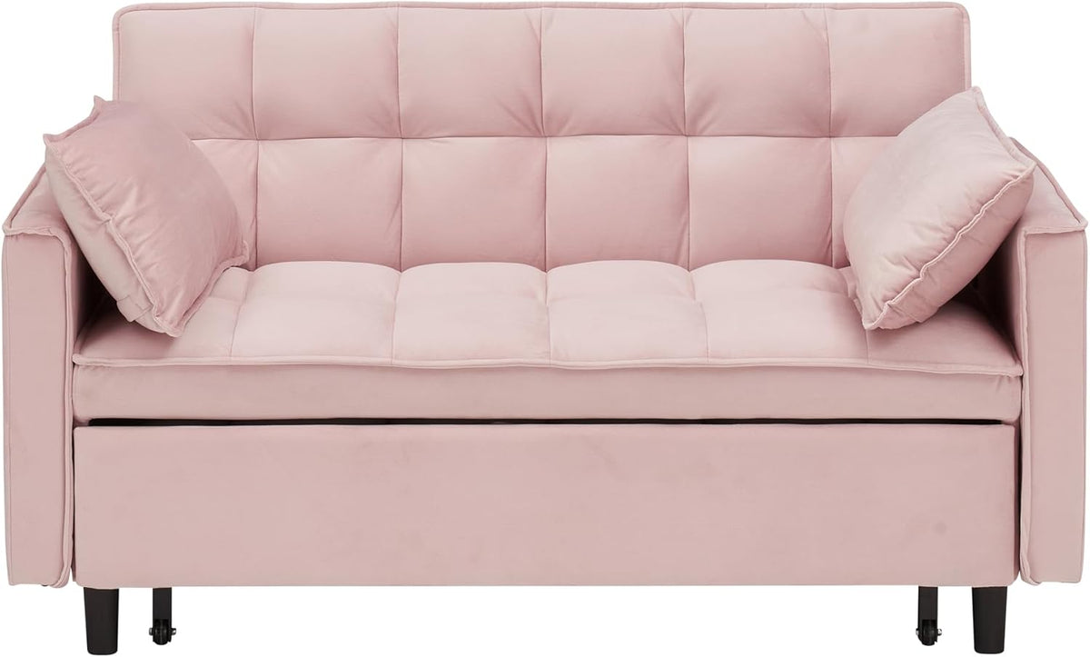 Ball & Cast Convertible Sofa Bed,Loveseat Sleeper Sofa W/Pull-Out Bed&2 Pillows,Convertible Pull Out Couch W/Adjustable Backrest&Side Pocket,Velvet Futon Couches for Living Room,Apartment,Pink,55"