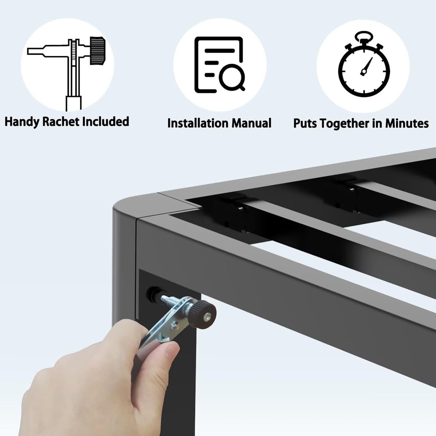 FUIOBYVV 14 Inch Full Bed Frame with Rounded Corner and Headboard Hole Mattress Retainers 3500 LBS Metal Heavy Duty Steel Slats Support No Box Spring Needed Platform Noise Free Easy Assembly