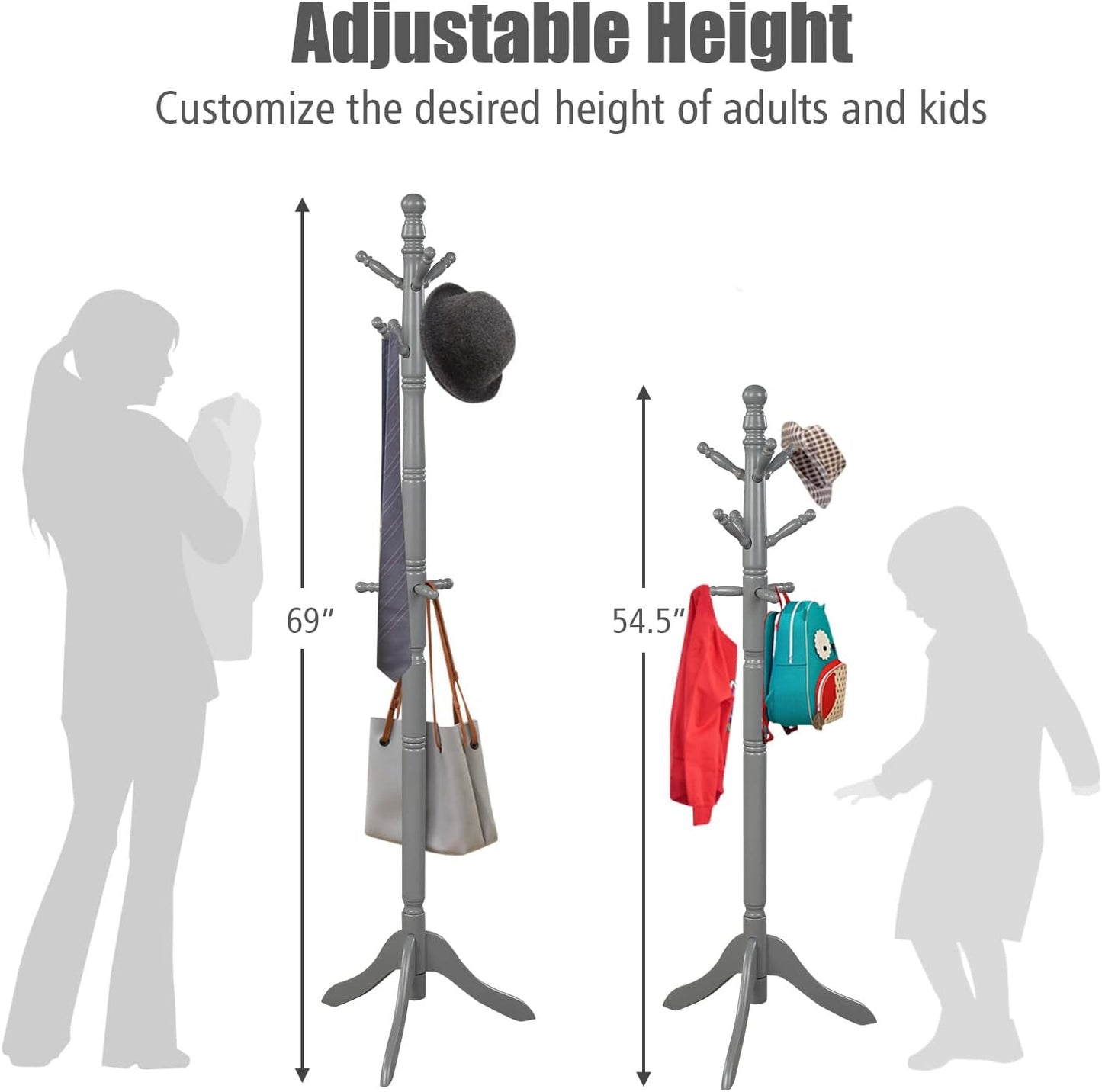Tangkula Wood Coat Rack Freestanding, Entryway Height Adjustable Coat Stand with 9 Hooks & Stable Tri-Legged Base, Rubber Wood Coat Tree Hall Tree Coat Hanger for Home Office Hall Entryway (Grey)