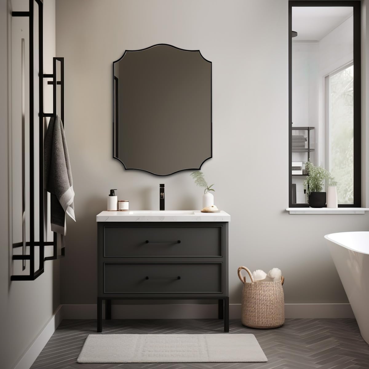 ANDY STAR Matte Black Bathroom Mirror, 24x32 Inch Scalloped Mirror for Bathroom, Black Irregular Mirror in Premium Stainless Steel 1“ Frame, Unique Wavy Shape, Italian Style