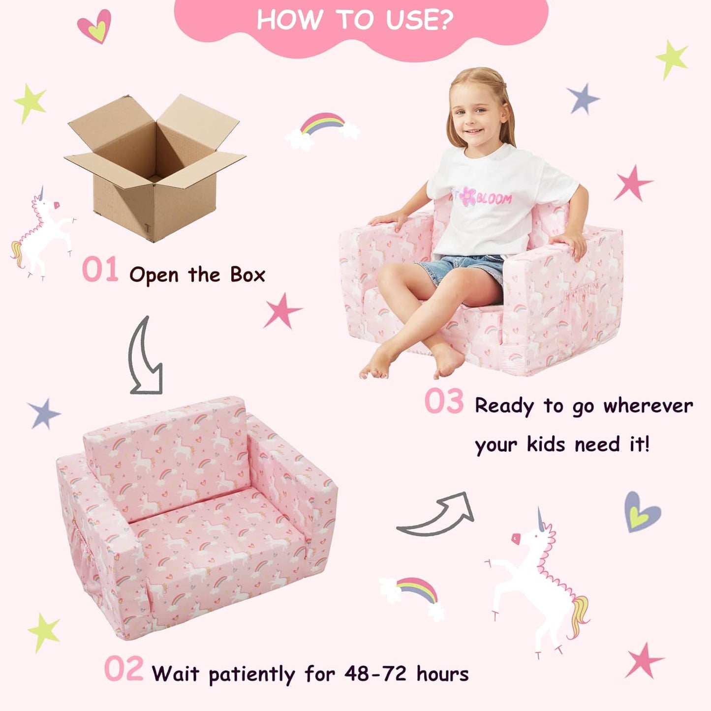 Viviland Kids Chairs for Toddler,2-in-1 Soft Toddler Couch Fold Out,Convertible Soft to Lounger Toddke Chair Comfy for Girls and Boys,Pink Unicorn