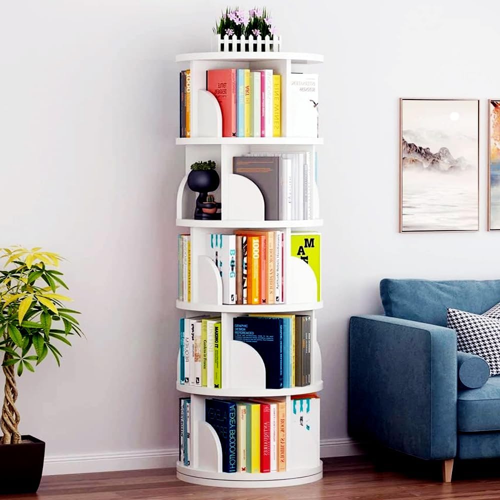 Nisorpa 5 Tier Rotating Bookshelf, 360° Revolving Bookcase Rotating Stackable Shelves Floor-Standing Storage Display Rack Used in Bedrooms Living Rooms Study Office (63"x18"x18")