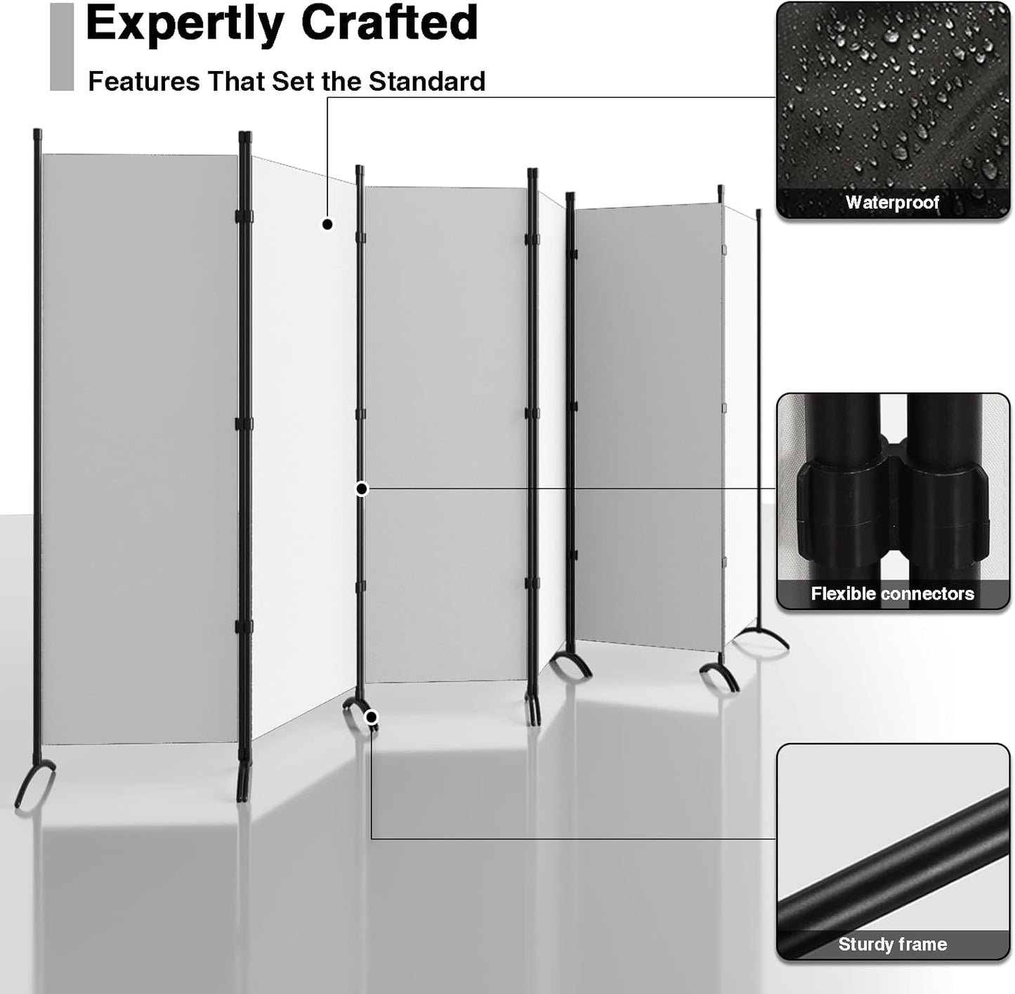 Room Divider 6-Panel Privacy Screen, Portable Screen Steel Frame with Hook&Loop for Home, Office, Classroom, Studio, Meeting (White)