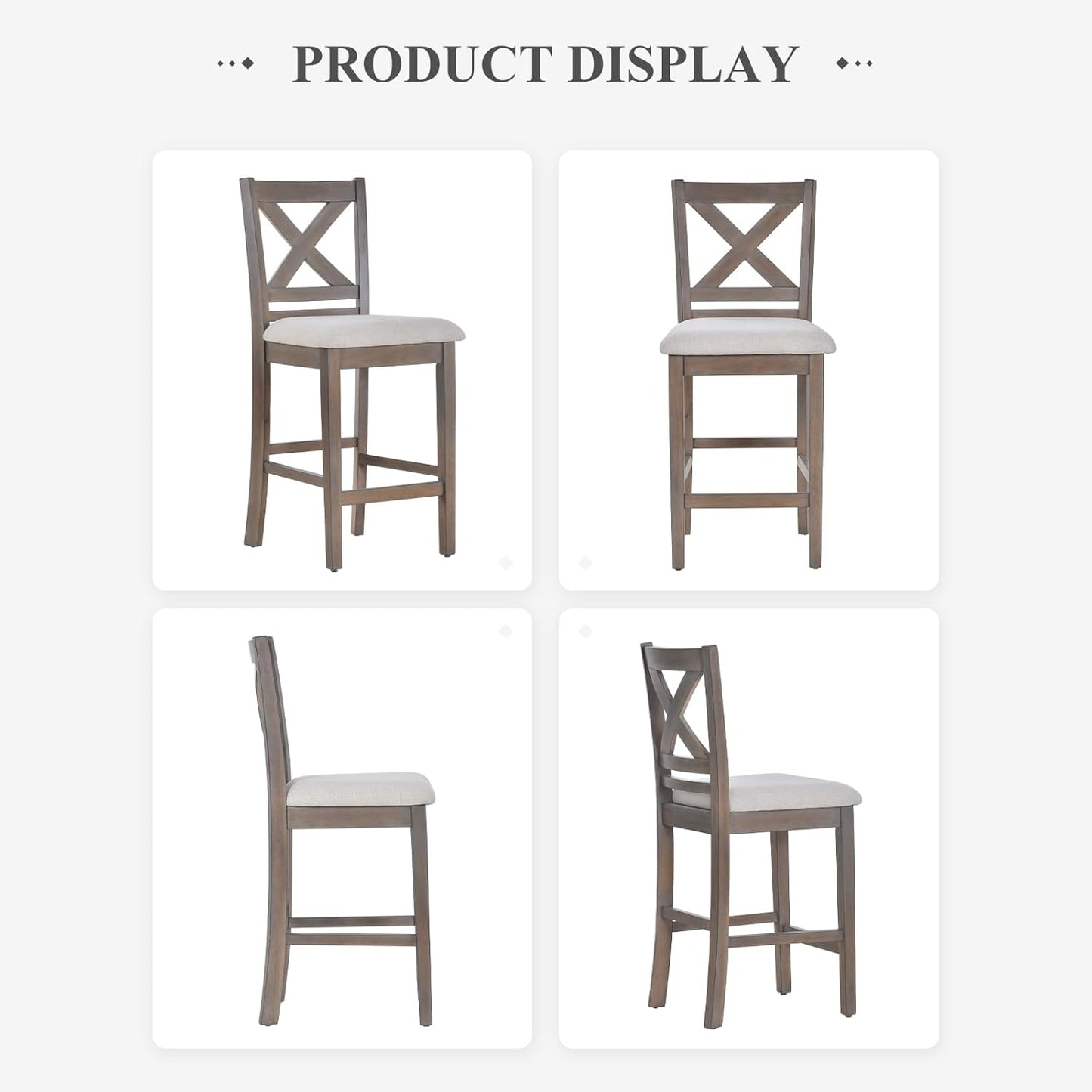 Upholstered Counter Height Bar Stools Set of 4, Modern Kitchen Island Barstools Chairs with Cross Back and Wood Legs for Dining Room Bar, Light Brown Wash