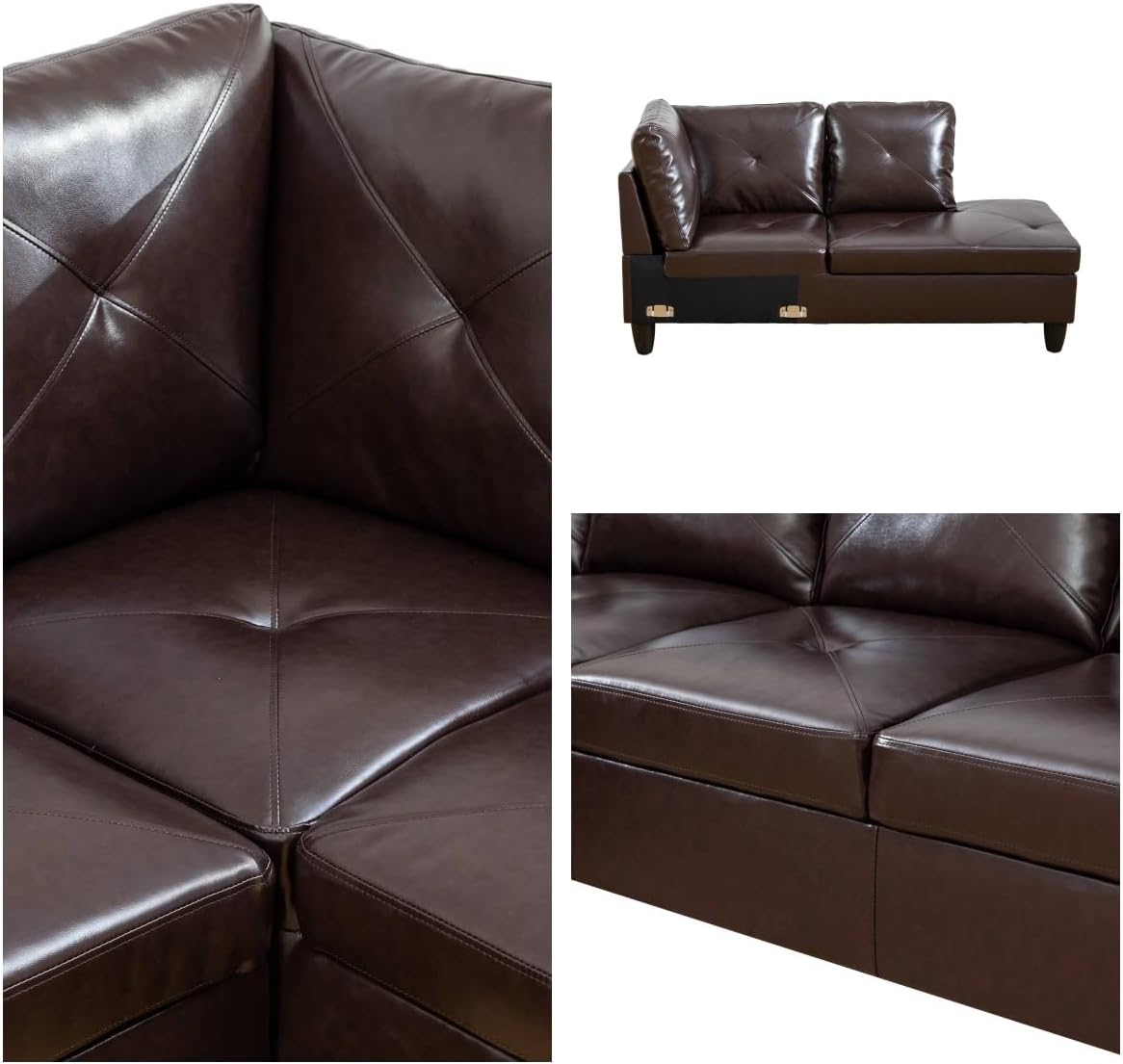 Modular Leather Sectional Couch, L Shaped Couch with Storage, Convertible Sofa with Ottomans, Modern Sectional Sofa for Living Room and Office, 5 Seat, Brown