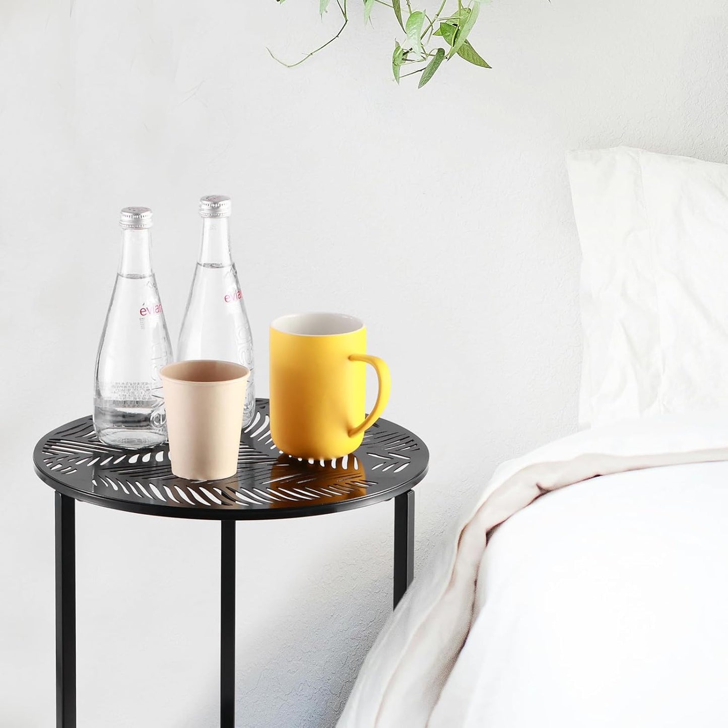 1 Packs 13" Metal Outdoor Side Tables Small Black Outside End Table for Patio Round Accent Corner Stand for Small Spaces Weather-Resistant Coffee Table for Balcony Porch Plant Stand, Tropical Leaves