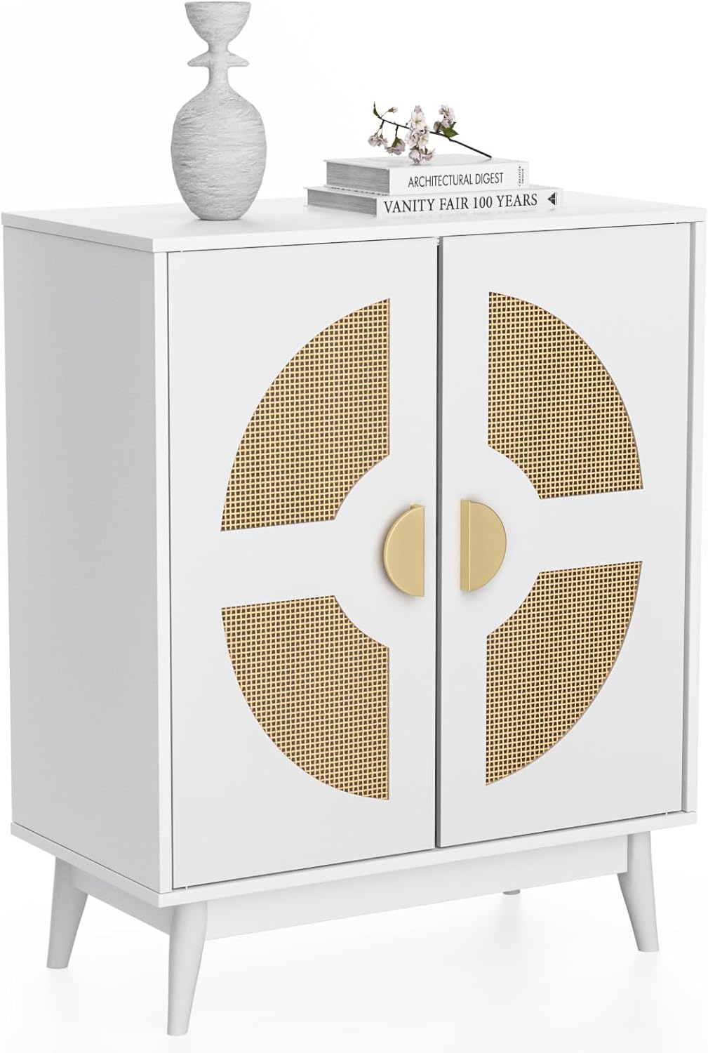 Buffet Cabinet White with Storage, Kitchen Sideboard with Doors & Shelves, Rattan Accent Buffet Console Walnut Media Console Mid Century Coffee Bar Table for Living Room Kitchen Dining Room