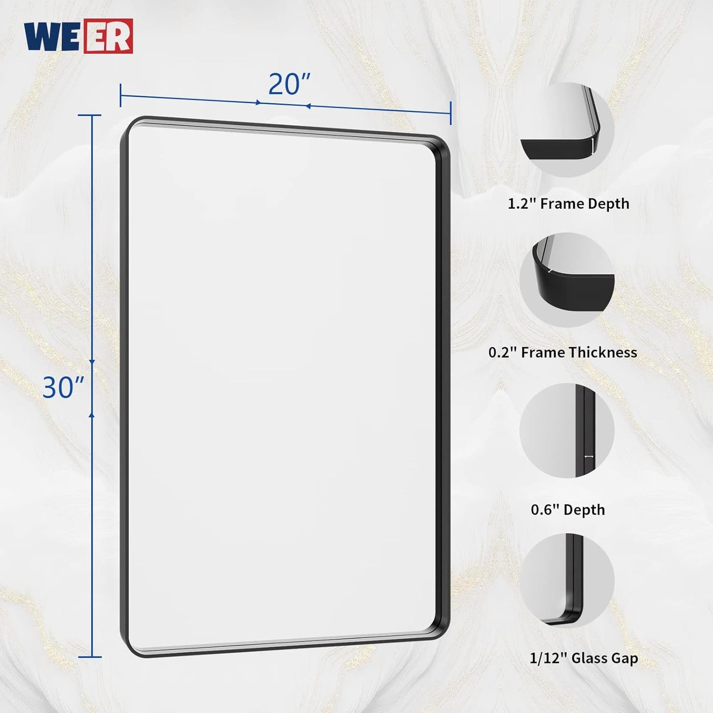 WEER Black Bathroom Mirror for Wall 20X30 Inch, Rectangular Black Metal Framed Vanity Mirror, Farmhouse Bathroom Mirror with Tempered Glass, Rounded Corner, Anti-Rust (Horizontal/Vertical)